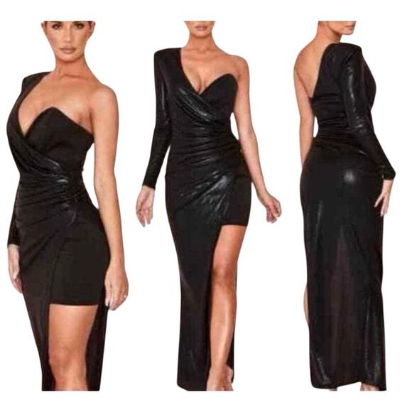 NWT HOUSE OF CB Asymmetrical Vona Silky Draped One Shoulder Maxi Gown Dress S - Picture 1 of 14